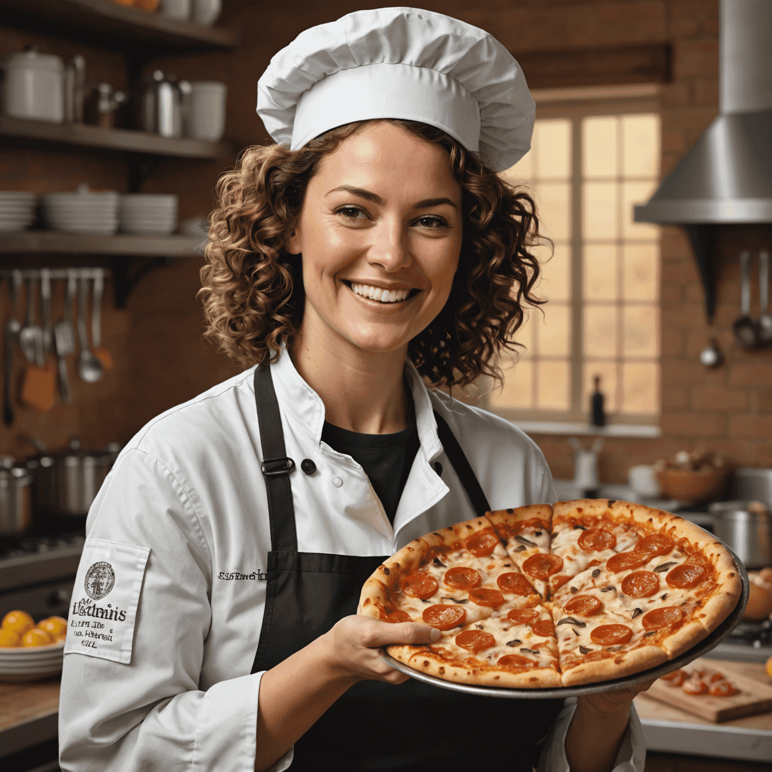 Sarah Thompson, a woman in her early 30s with curly brown hair and a warm smile, wearing a chef's jacket and holding a pizza peel