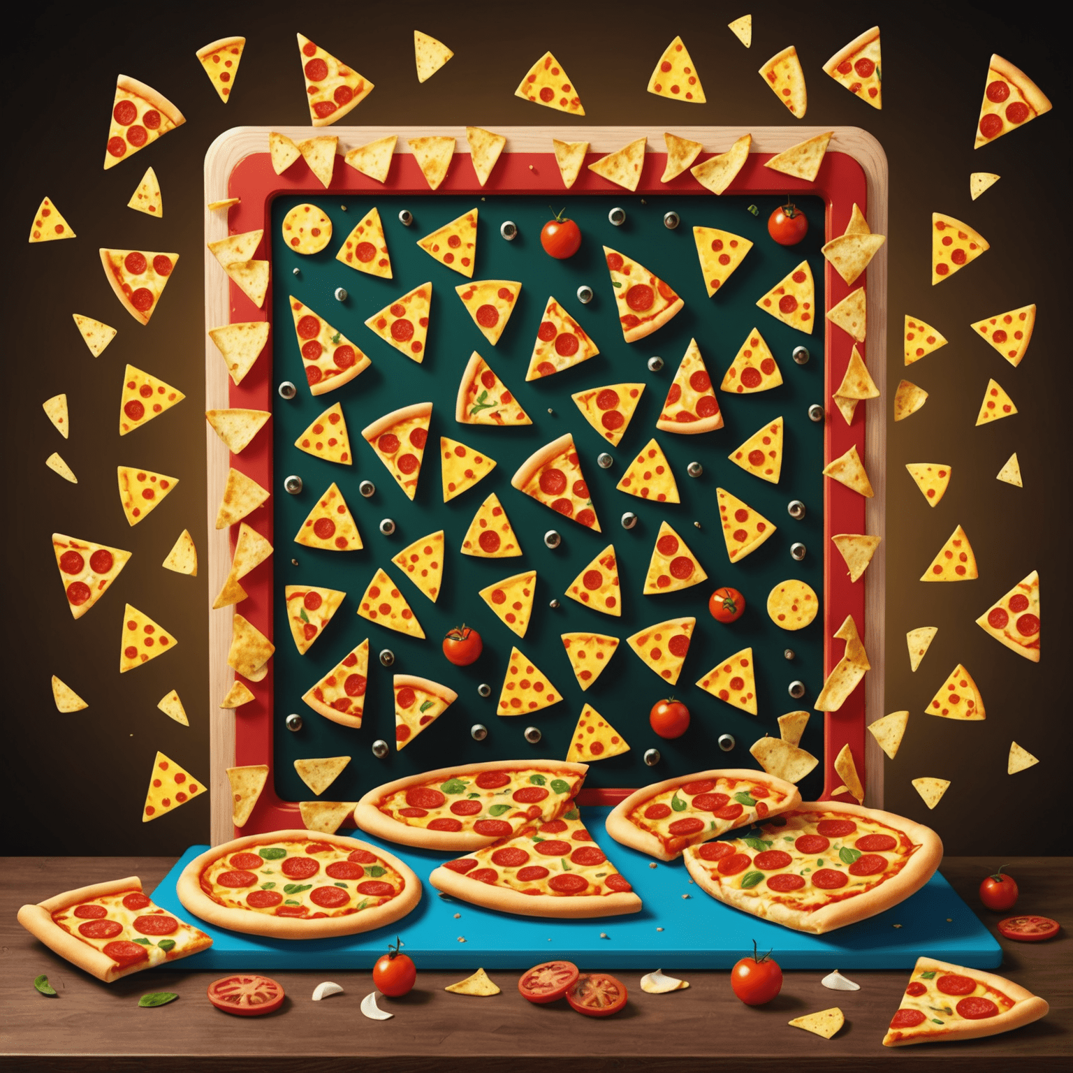 A vibrant illustration of a Plinko board with pizza slices as chips, falling through pegs towards various pizza-themed prizes at the bottom. The board is decorated with Australian symbols like kangaroos and boomerangs.