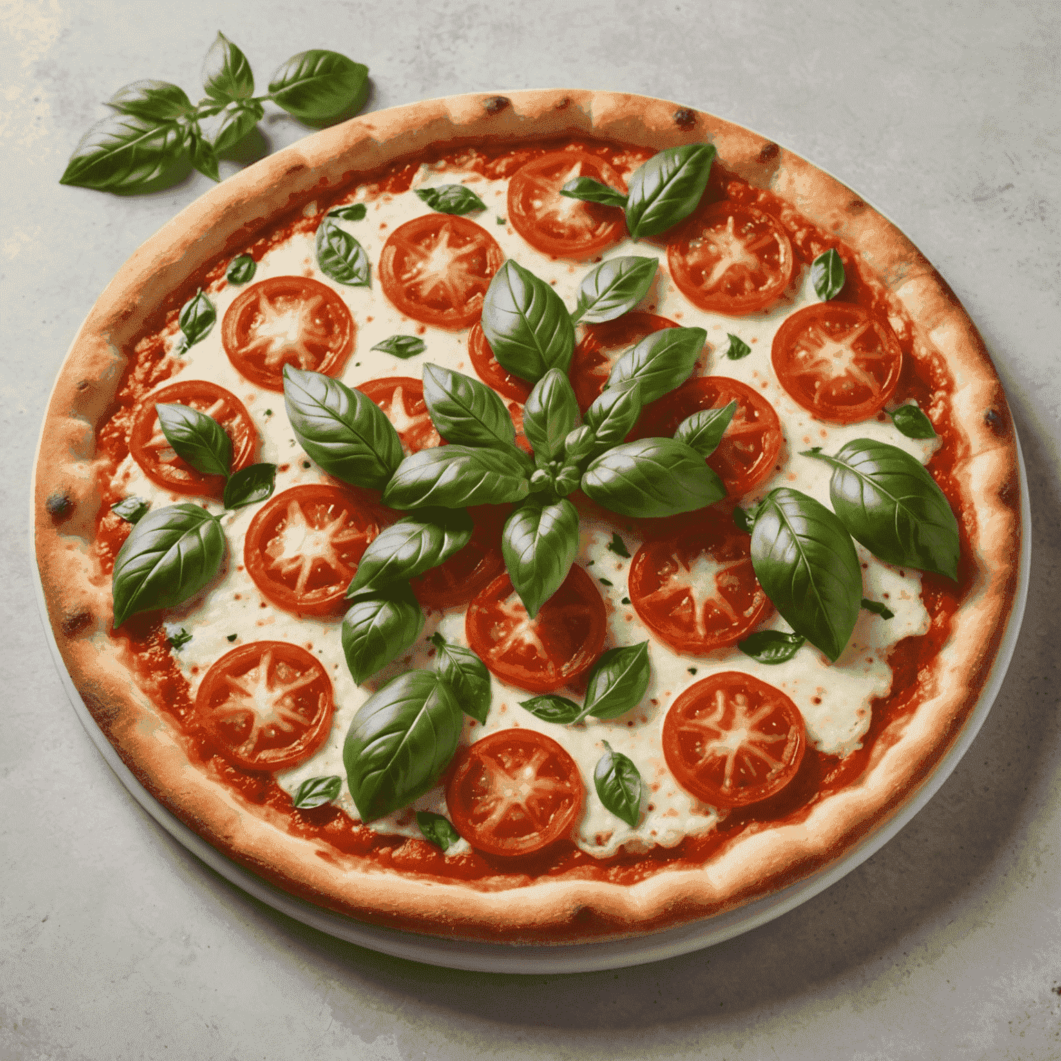 A classic Margherita pizza with vibrant red tomatoes, fresh green basil leaves, and melted mozzarella on a perfectly crisp crust