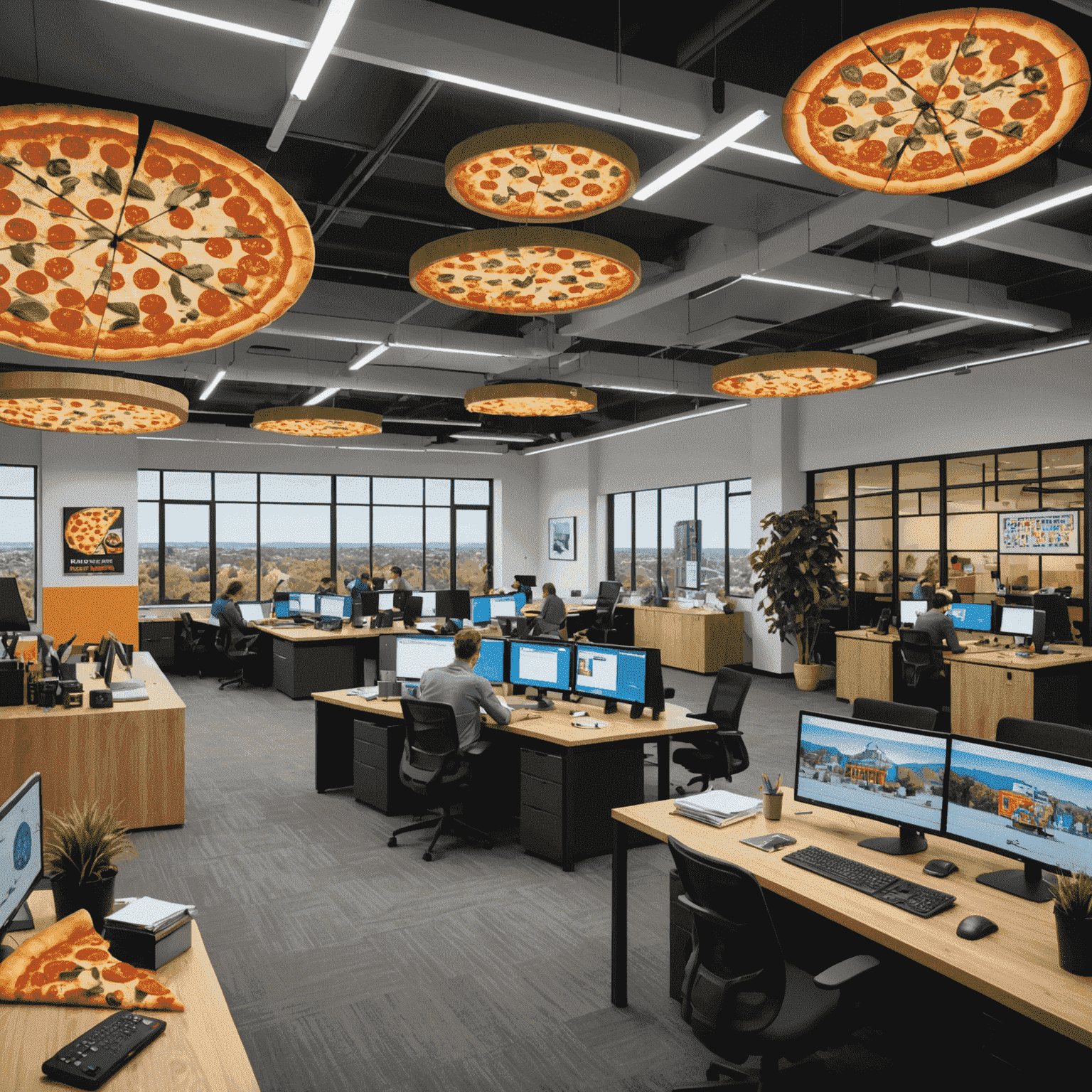 Panoramic view of the Plinkoaxis Australian headquarters, showing an open-plan office with pizza-themed decor, employees working at desks, and a large Plinko board in the background