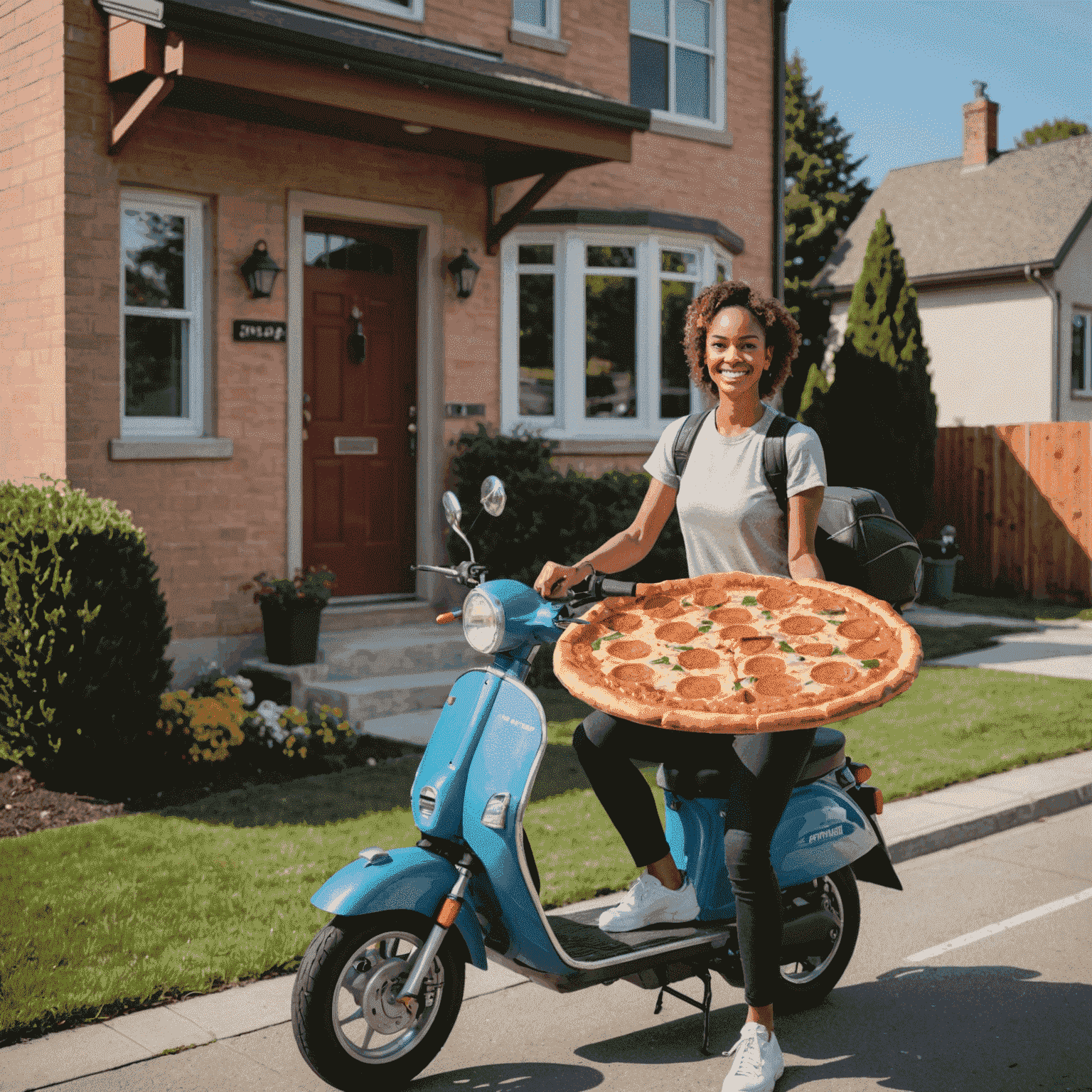 A smiling woman holding a large pepperoni pizza, standing in front of her house with a Plinkoaxis delivery scooter visible in the background