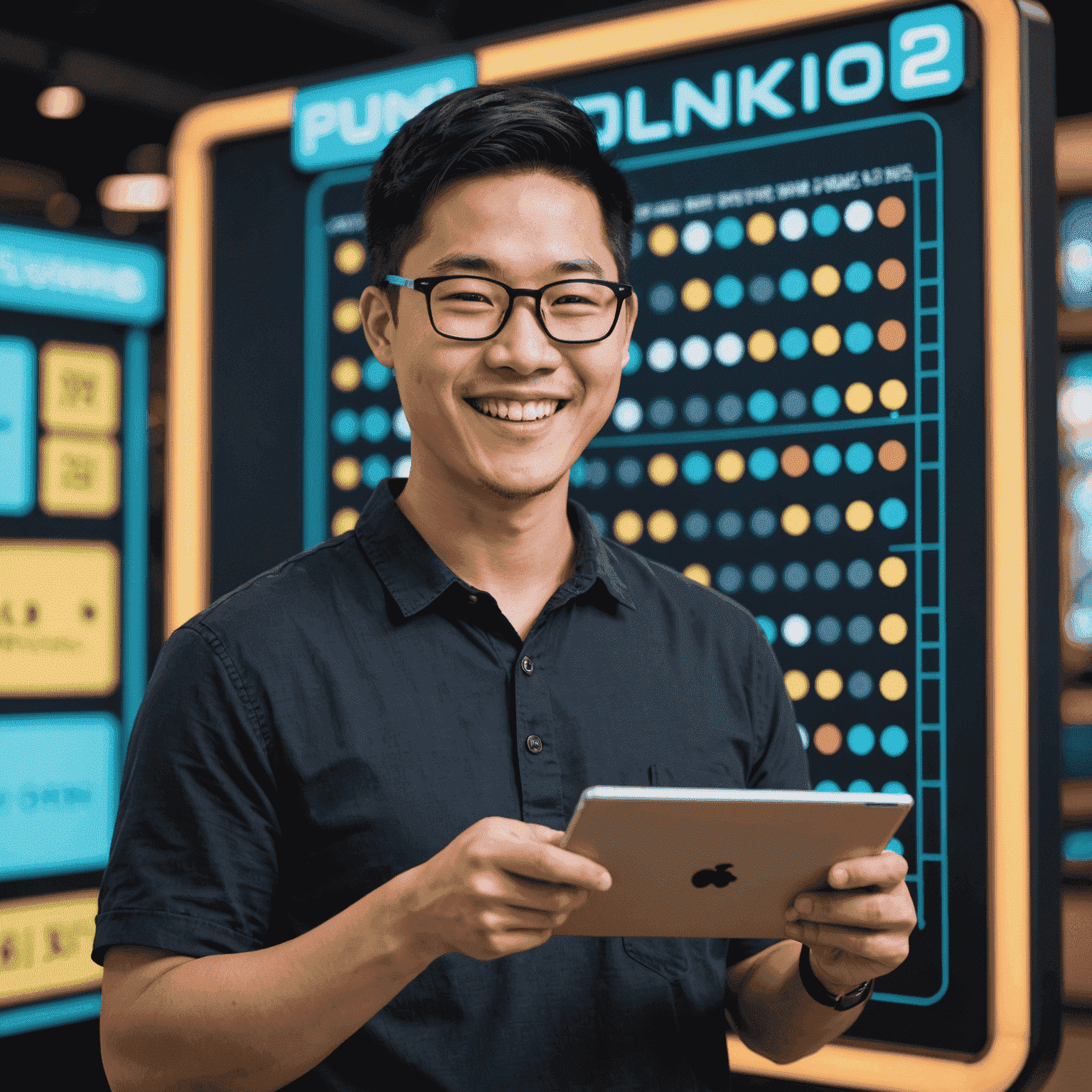 Mike Chen, an Asian man in his late 20s with short black hair and glasses, smiling and holding a tablet displaying a Plinko game interface