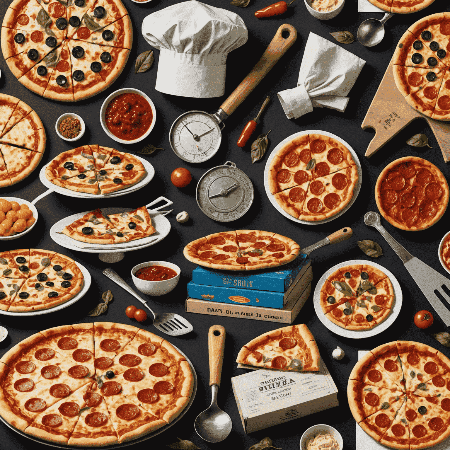 A collage of various pizza-related prizes, including a stack of pizza boxes, a chef's hat and apron, plane tickets to Italy, and a golden pizza cutter trophy.