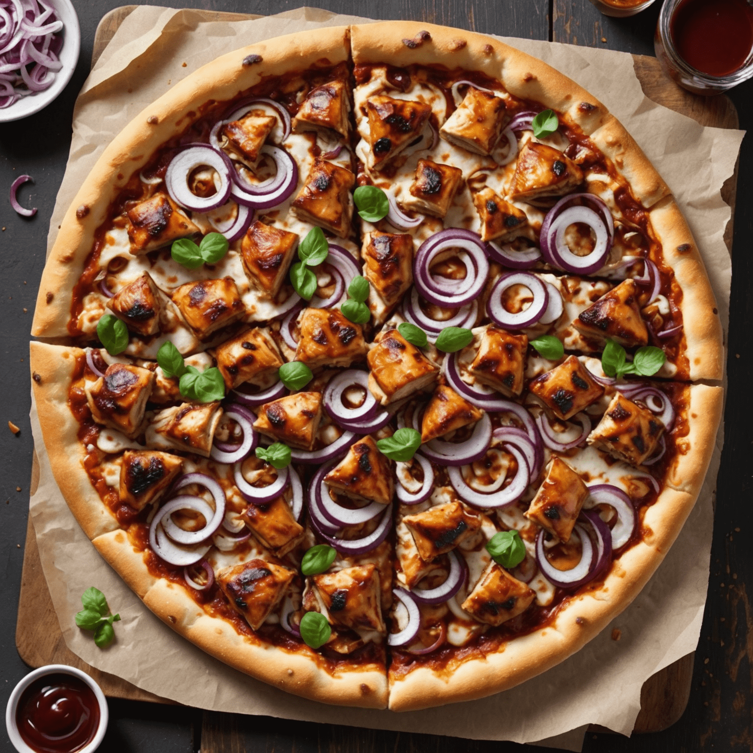 A mouthwatering BBQ Chicken pizza with grilled chicken pieces, red onions, and a swirl of tangy BBQ sauce on a golden crust