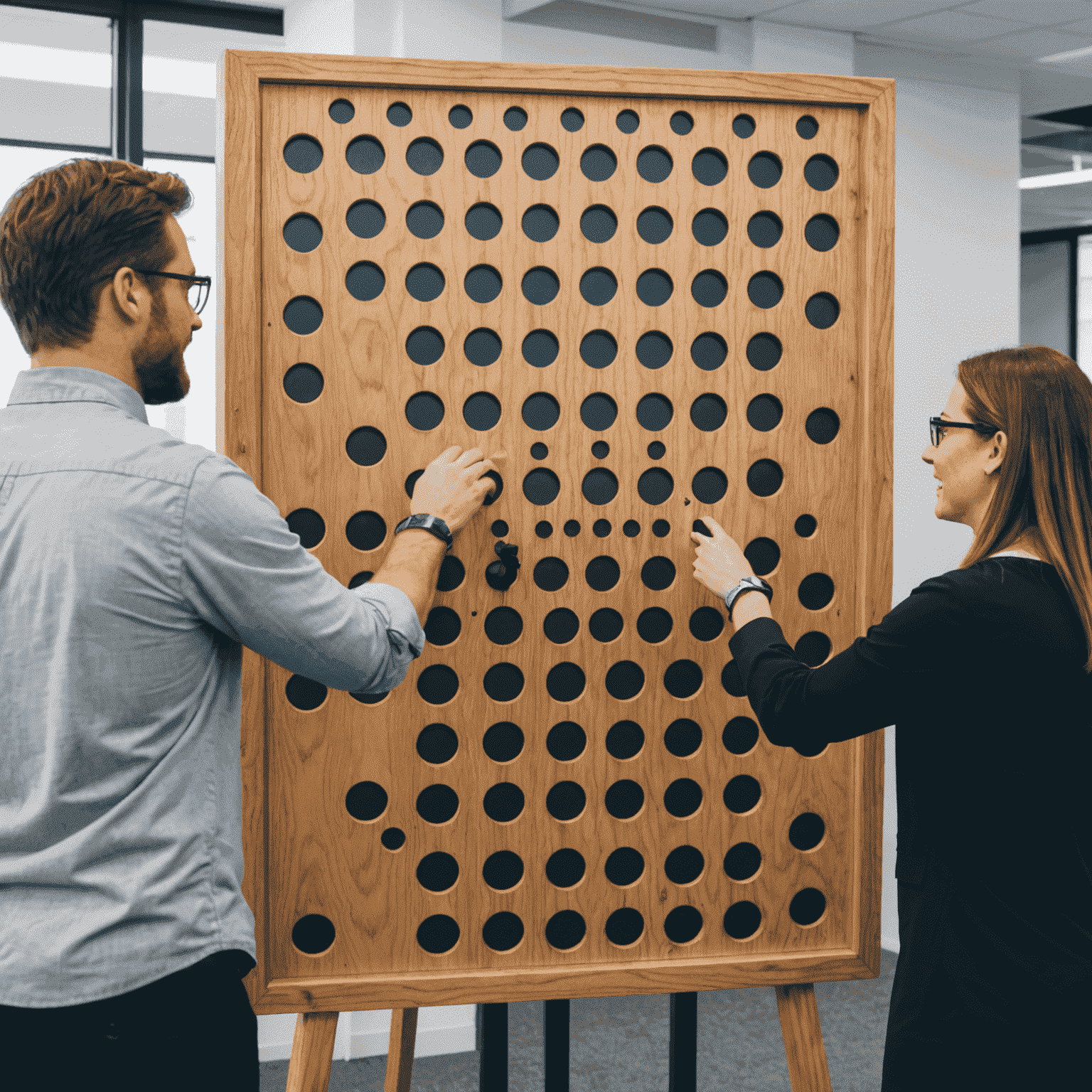 Close-up of the giant Plinko board in the office, with team members gathered around discussing and testing