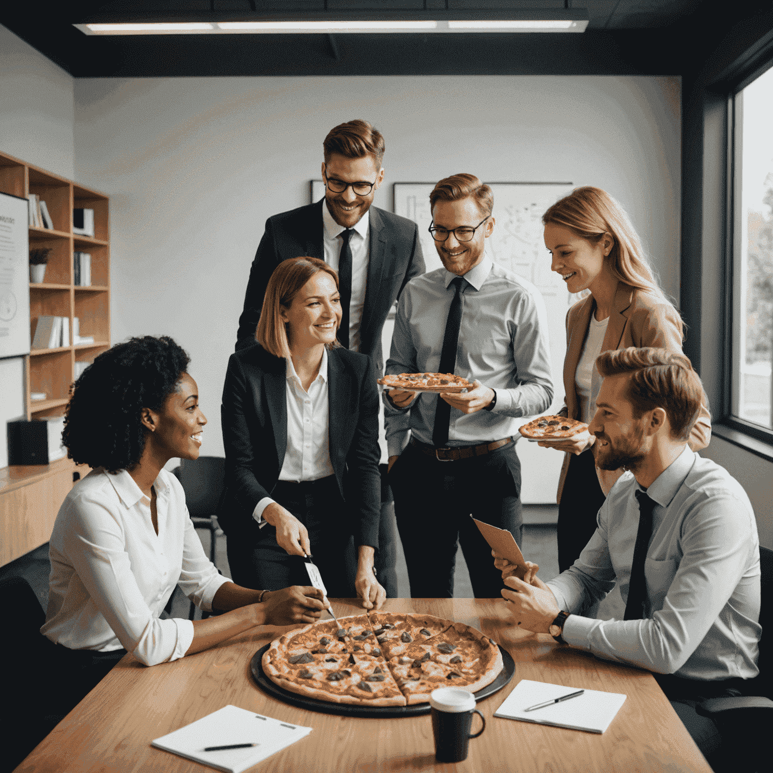 A group of office workers enjoying pizza together in a meeting room, with Plinkoaxis boxes visible on the table