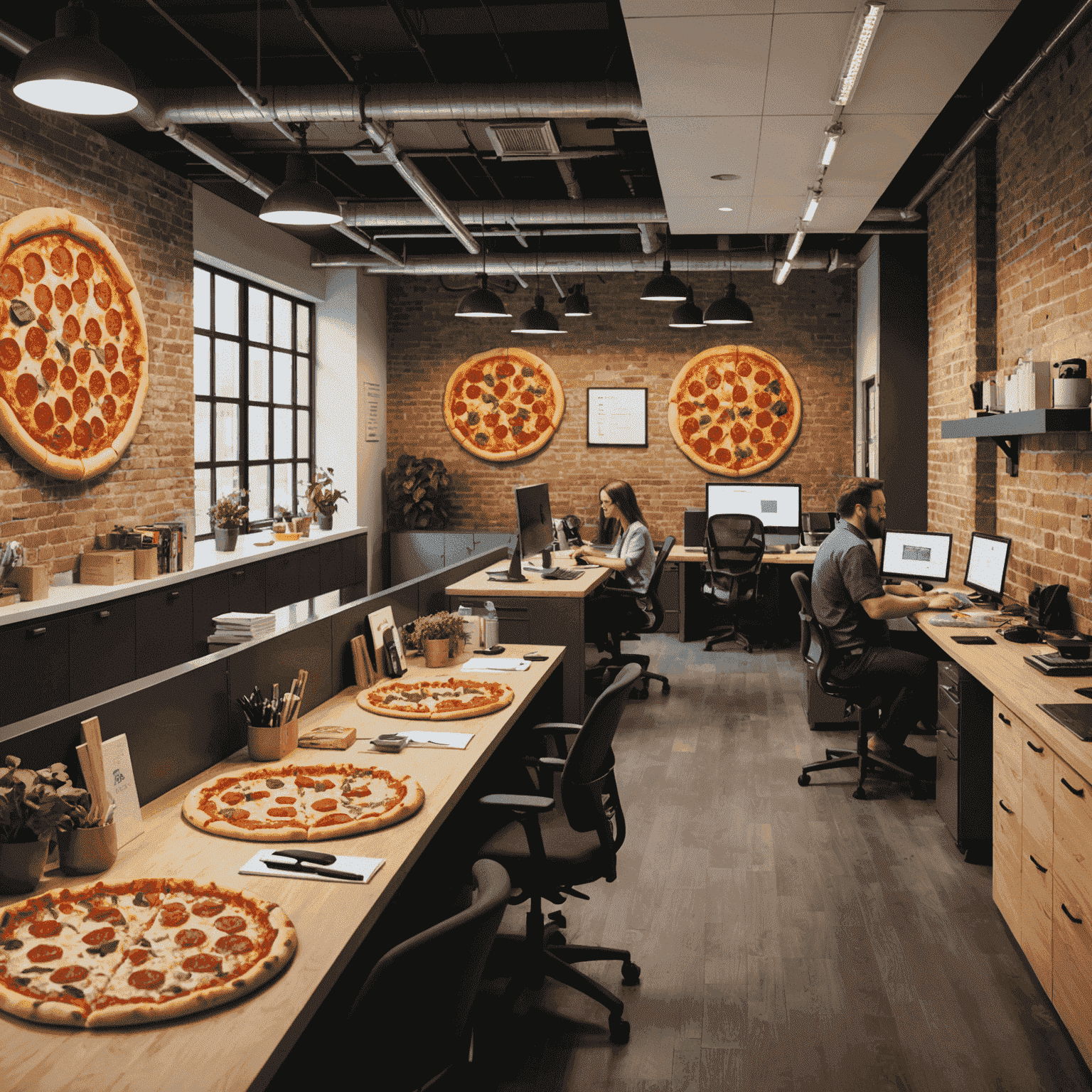 A bustling office space with pizza-themed decor, employees working on Plinkoaxis systems, and a test kitchen visible in the background