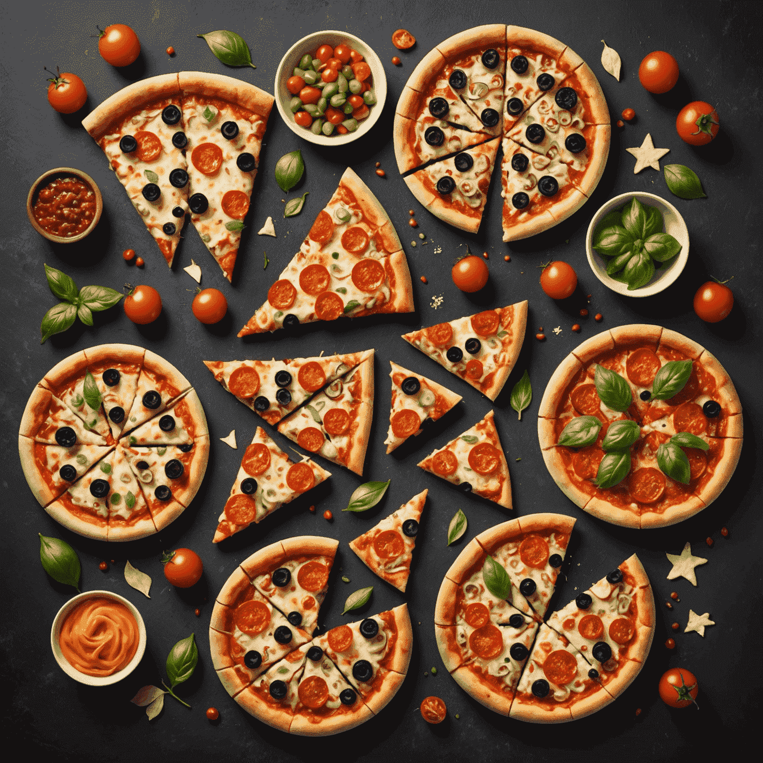 Five mouthwatering pizzas arranged in a star shape, showcasing different toppings and styles