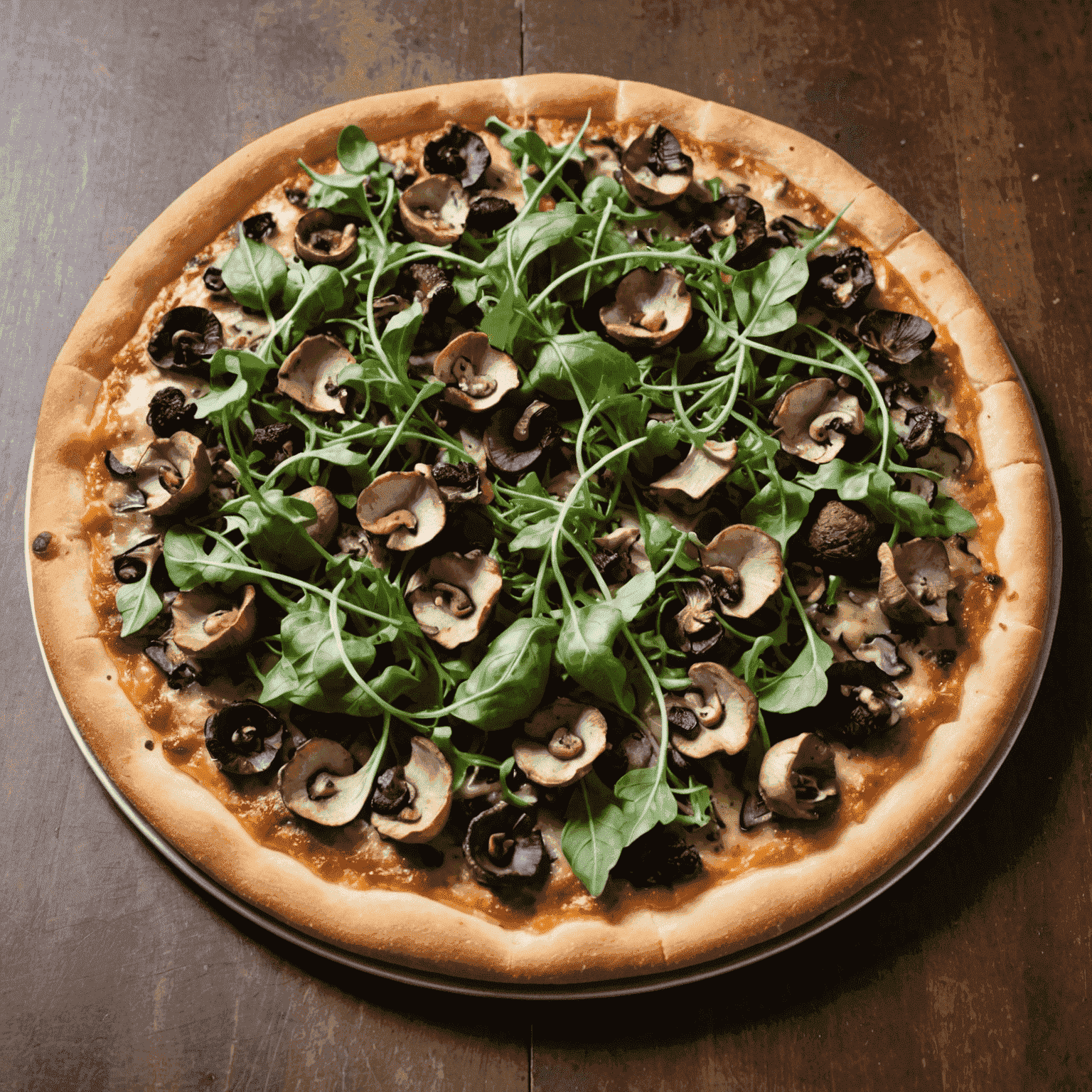 A gourmet Truffle Mushroom pizza with a variety of wild mushrooms, arugula, and a generous drizzle of truffle oil on a thin, crispy crust