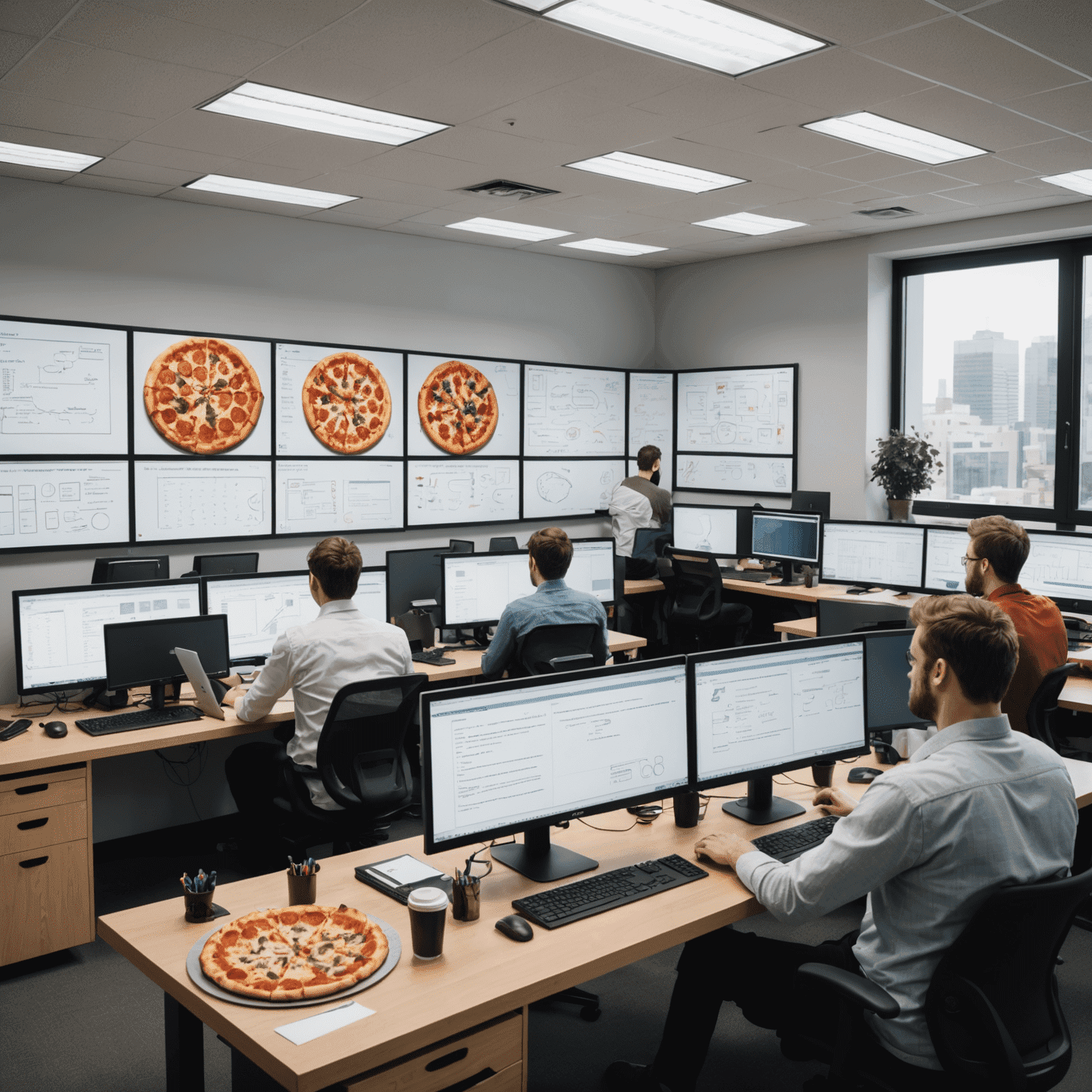 Developers working at their desks with multiple monitors, surrounded by whiteboards filled with pizza-themed flowcharts and algorithms