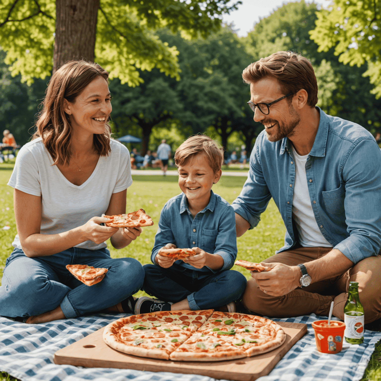 A family of four sitting on a picnic blanket in a park, enjoying Plinkoaxis pizzas and playing with a portable Plinko board