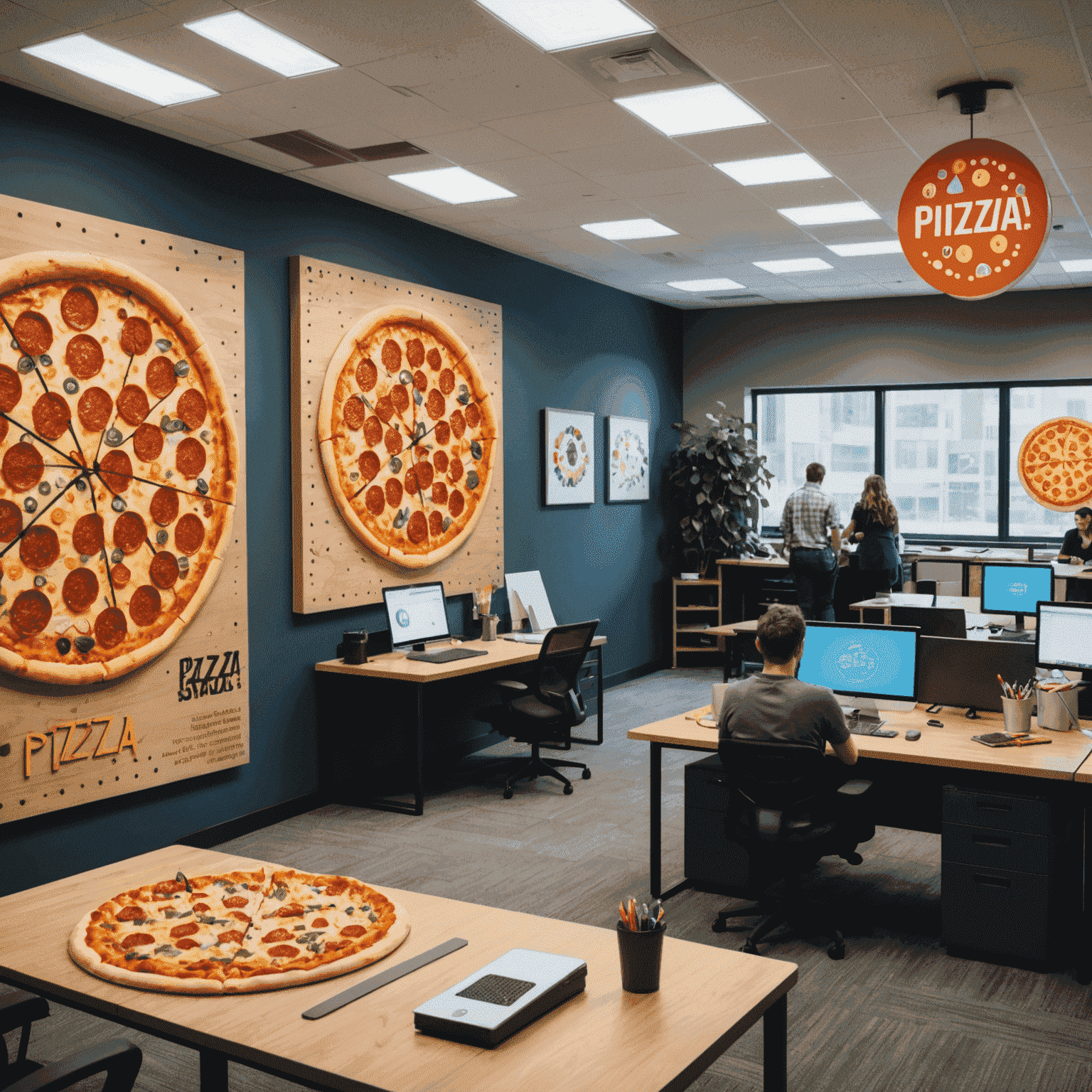 A bustling office space with pizza-themed decor, employees working on Plinkoaxis systems, and a test Plinko board in the background