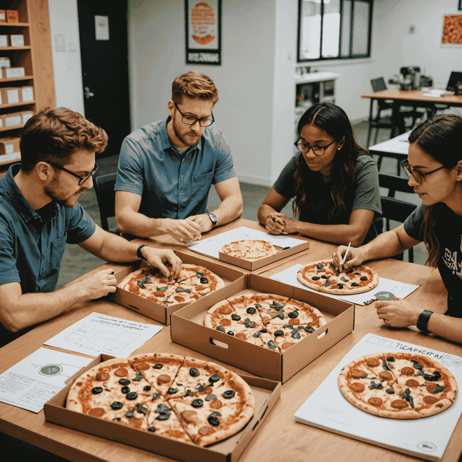 The Flavor Innovation Lab with team members brainstorming around a table covered in pizza boxes and prototype game designs