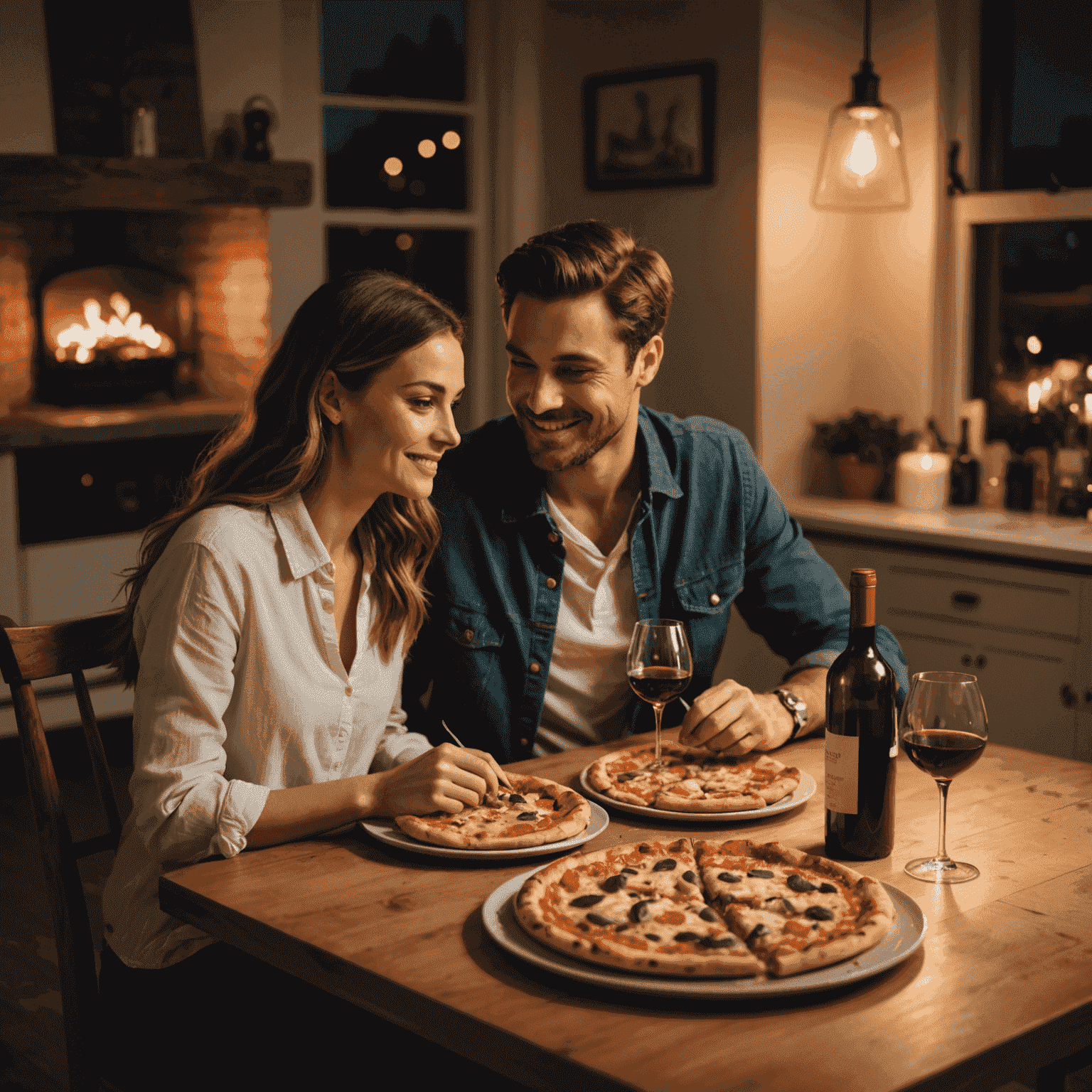 A couple on a romantic date night at home, candlelit table with Plinkoaxis pizzas and a bottle of wine