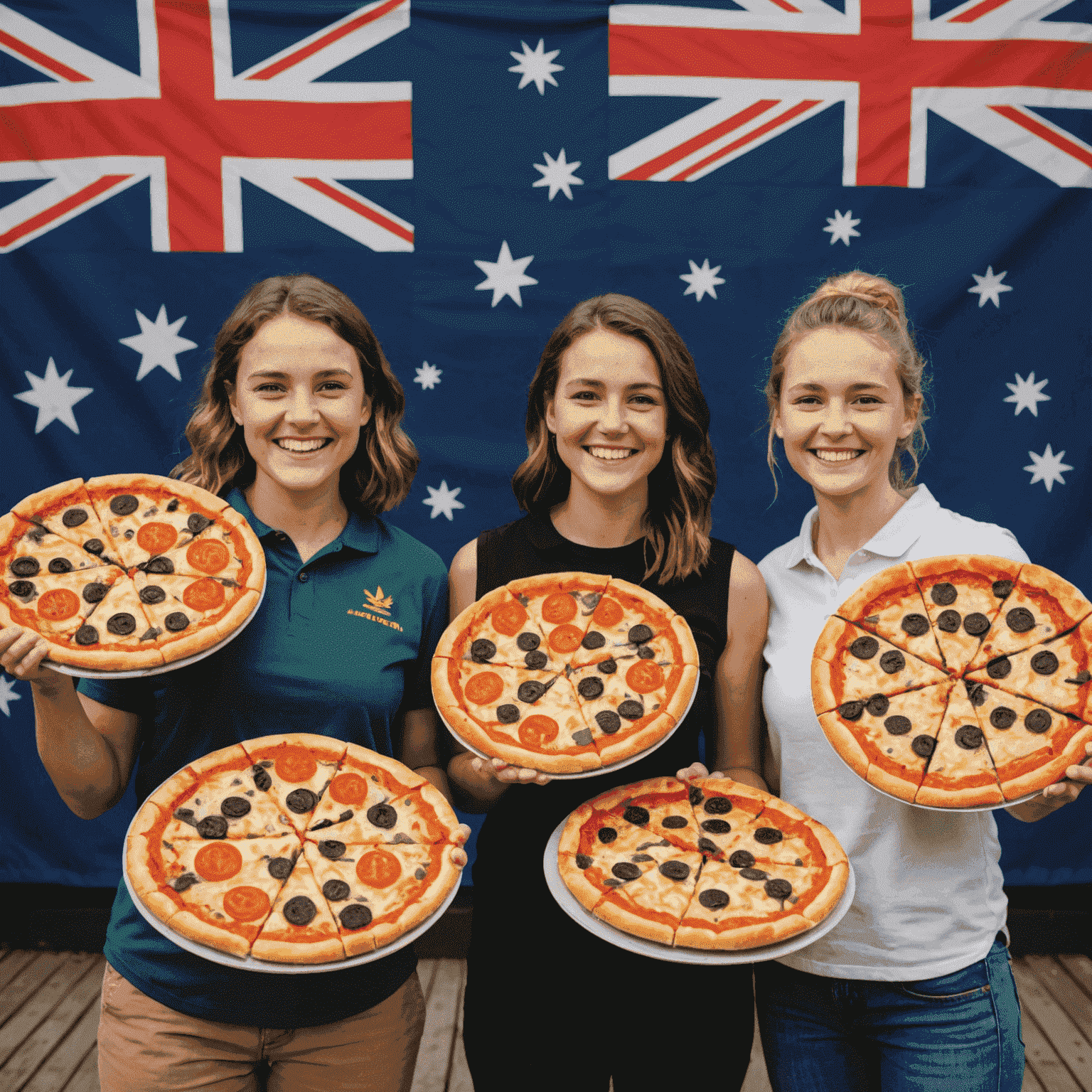 A collage of happy Plinkoaxis winners holding their prize pizzas, with the Australian flag in the background