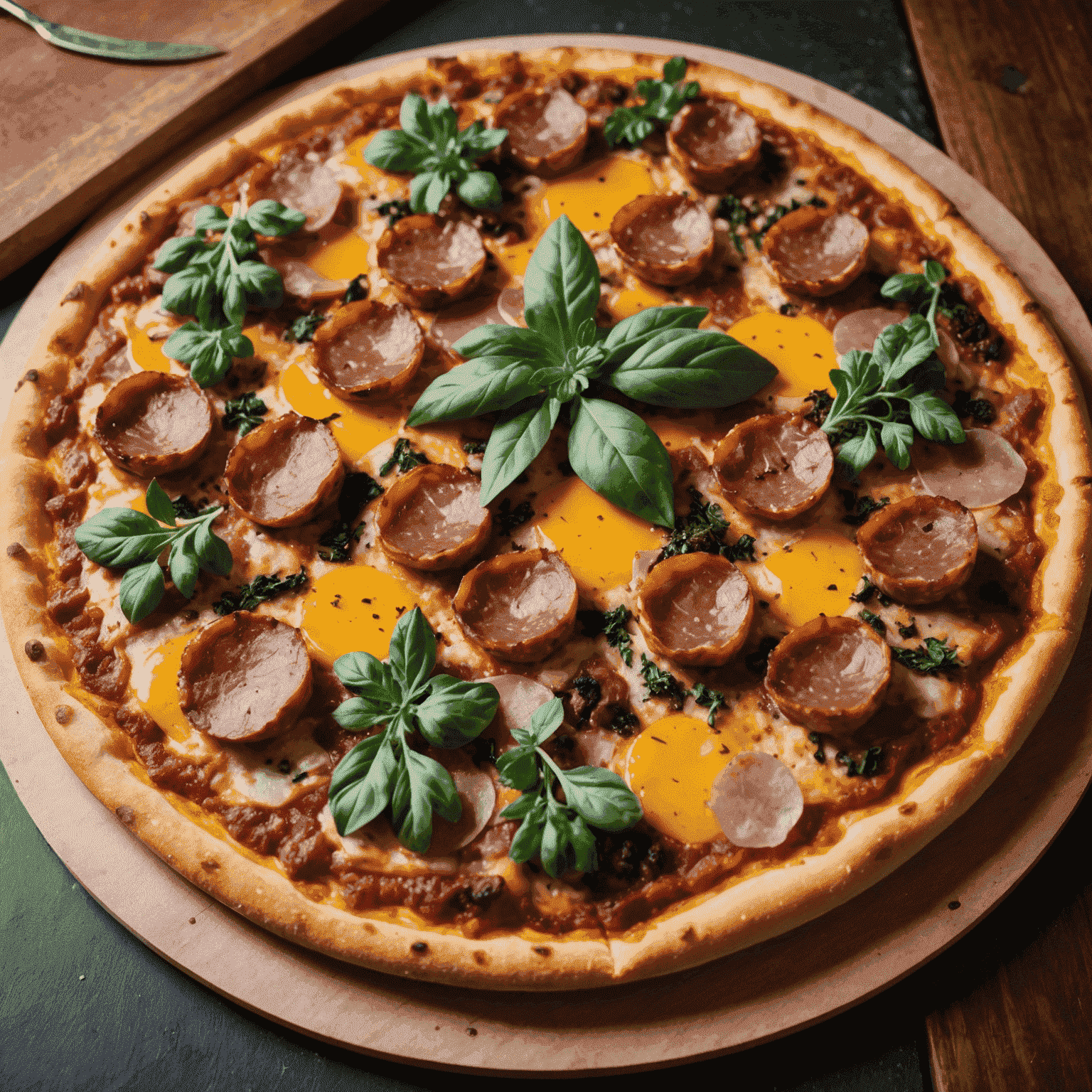 An Aussie Special pizza featuring kangaroo sausage, emu prosciutto, and native Australian herbs on a golden crust