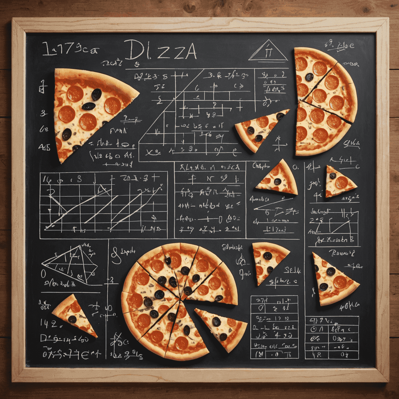 A chalkboard filled with mathematical equations, probability charts, and pizza slice diagrams